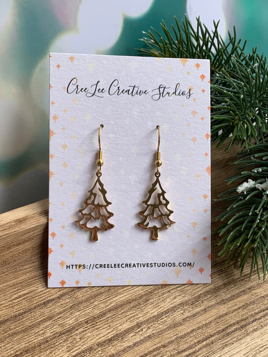 Winter - Gold Christmas Tree Earrings — 14K Gold-Plated Stainless Steel Cut-Out Dangle Earrings | Lightweight Holiday Jewelry