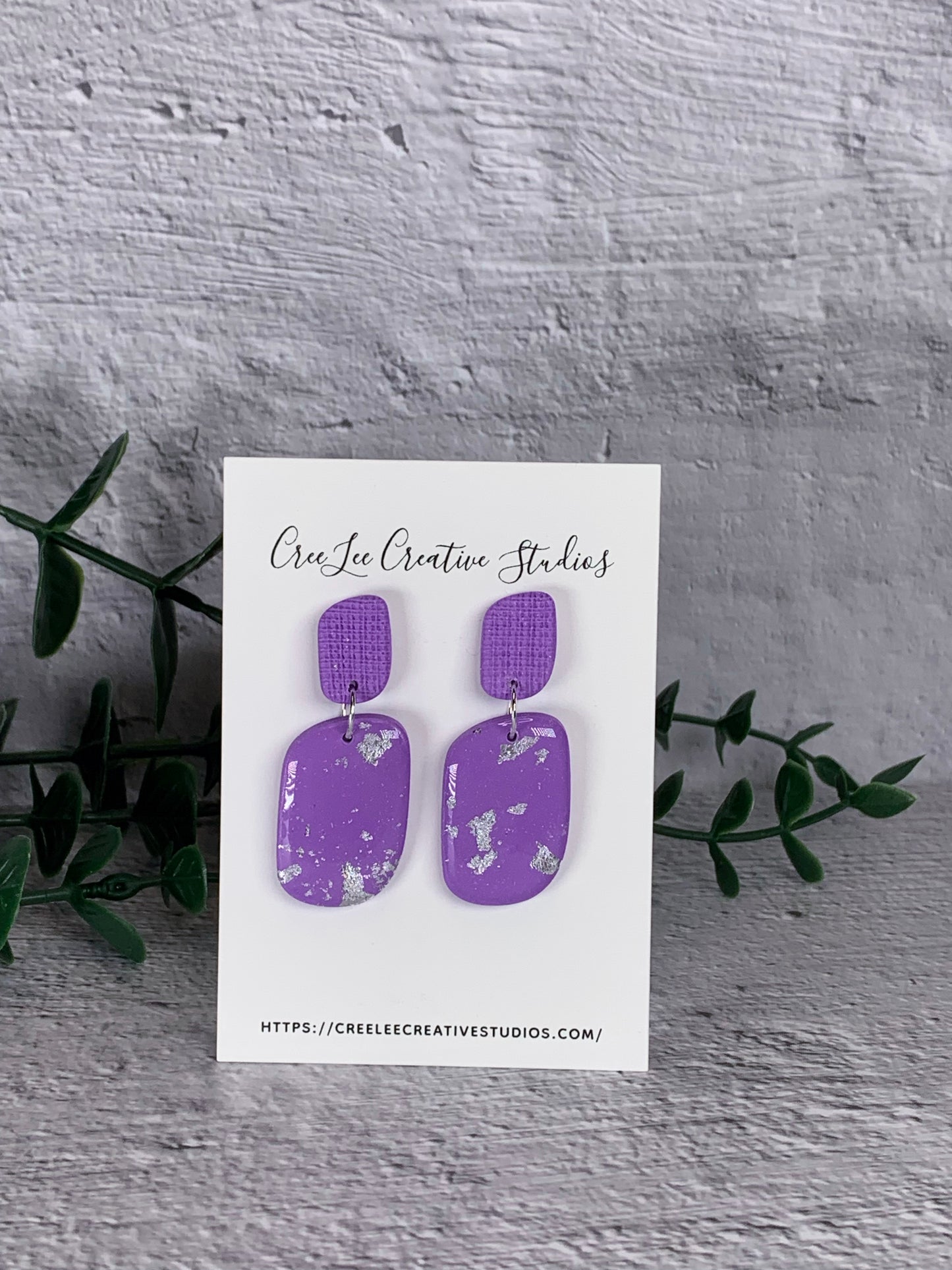 Lavender Textured Stud & Silver Foil Dangle Polymer Clay Earrings