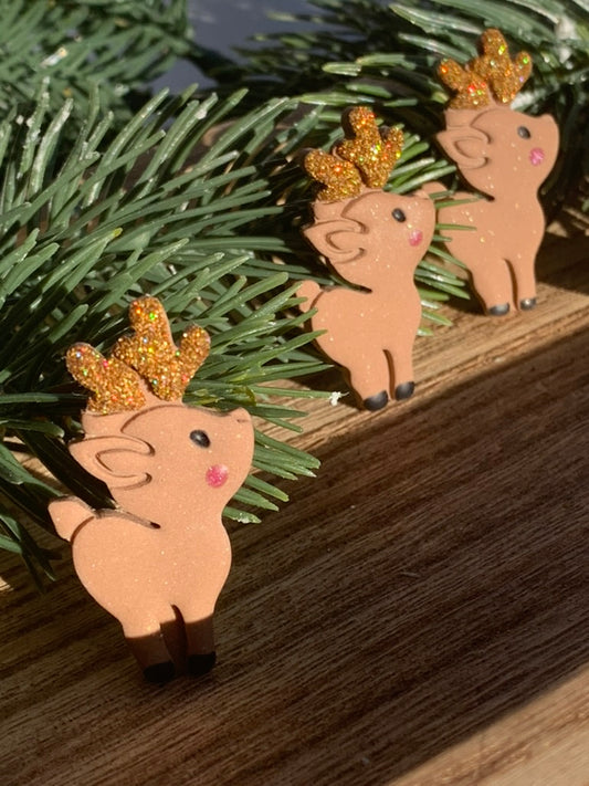 "New" Winter Reindeer Dangle Earrings with Glitter Antlers — Handmade Christmas Jewelry