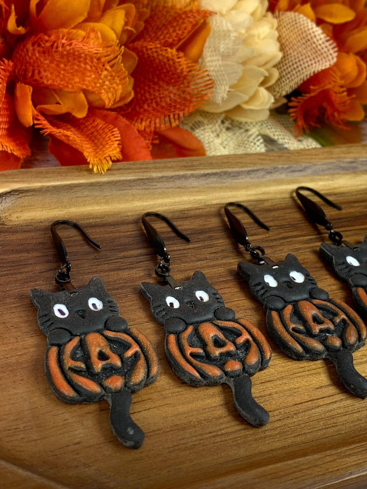 NEW * The Pumpkin Crasher — Black Cat Jack-O’-Lantern Halloween Earrings