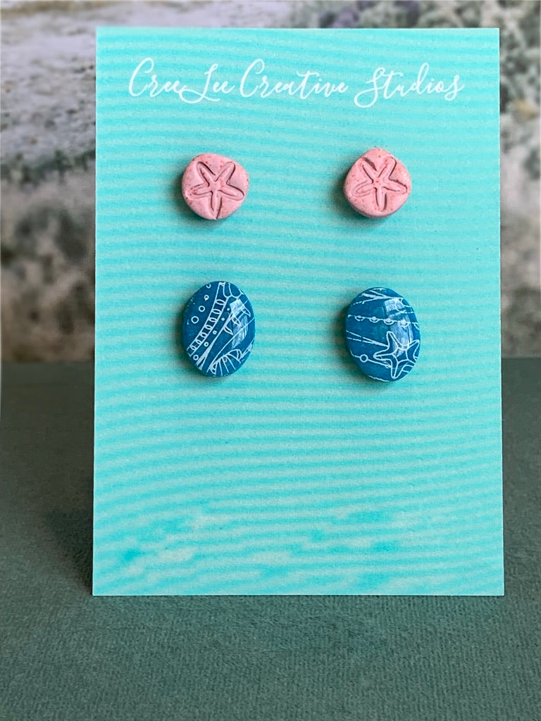 Pink Sand-dollar and Blue Printed Stud Set