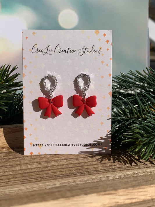 "New" Winter Red Bow and CZ Dangle Earrings – Gold or Rhodium Finish