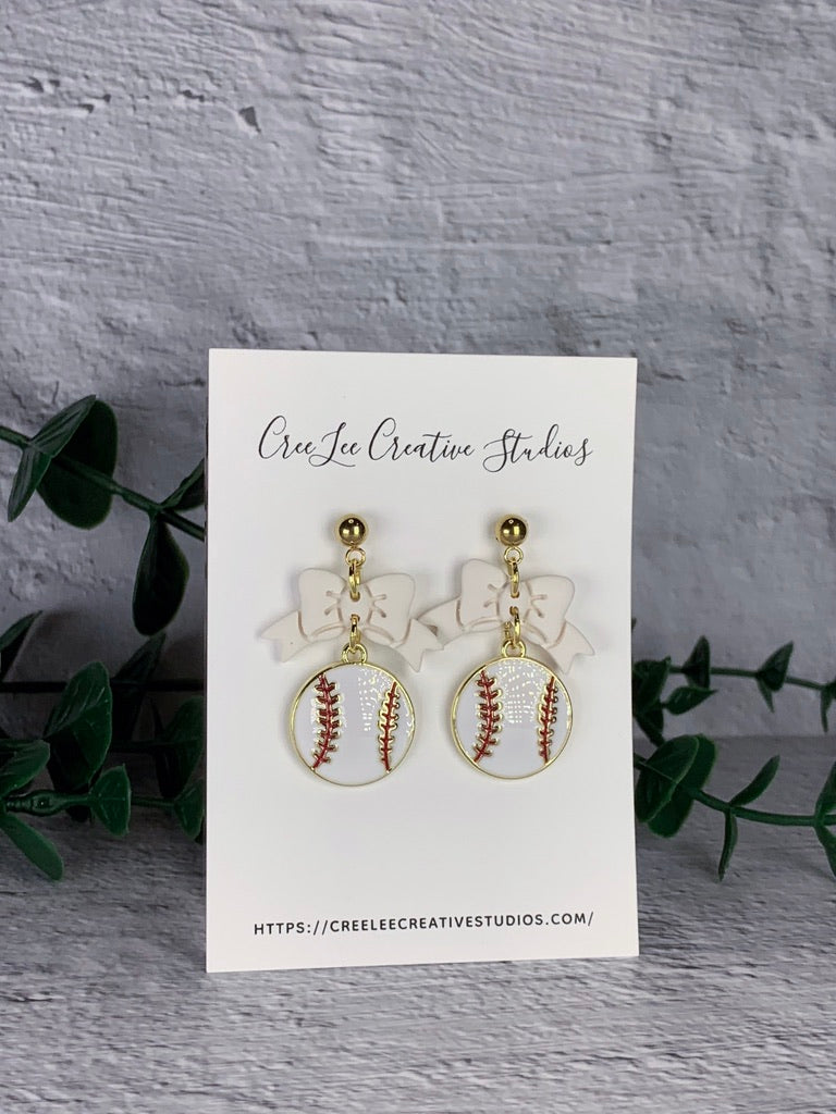 Red or White Bow Baseball Charm Hoop Earrings – Gold Enamel Baseball Dangle Earrings