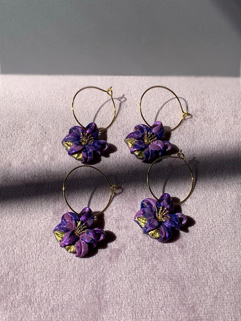 Flower Earrings - Magenta or Purple Iris Flowers on Hoops