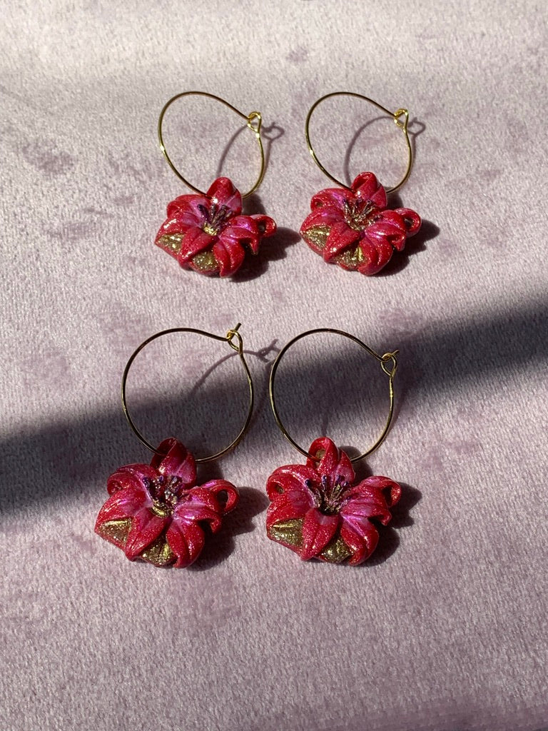 Flower Earrings - Magenta or Purple Iris Flowers on Hoops