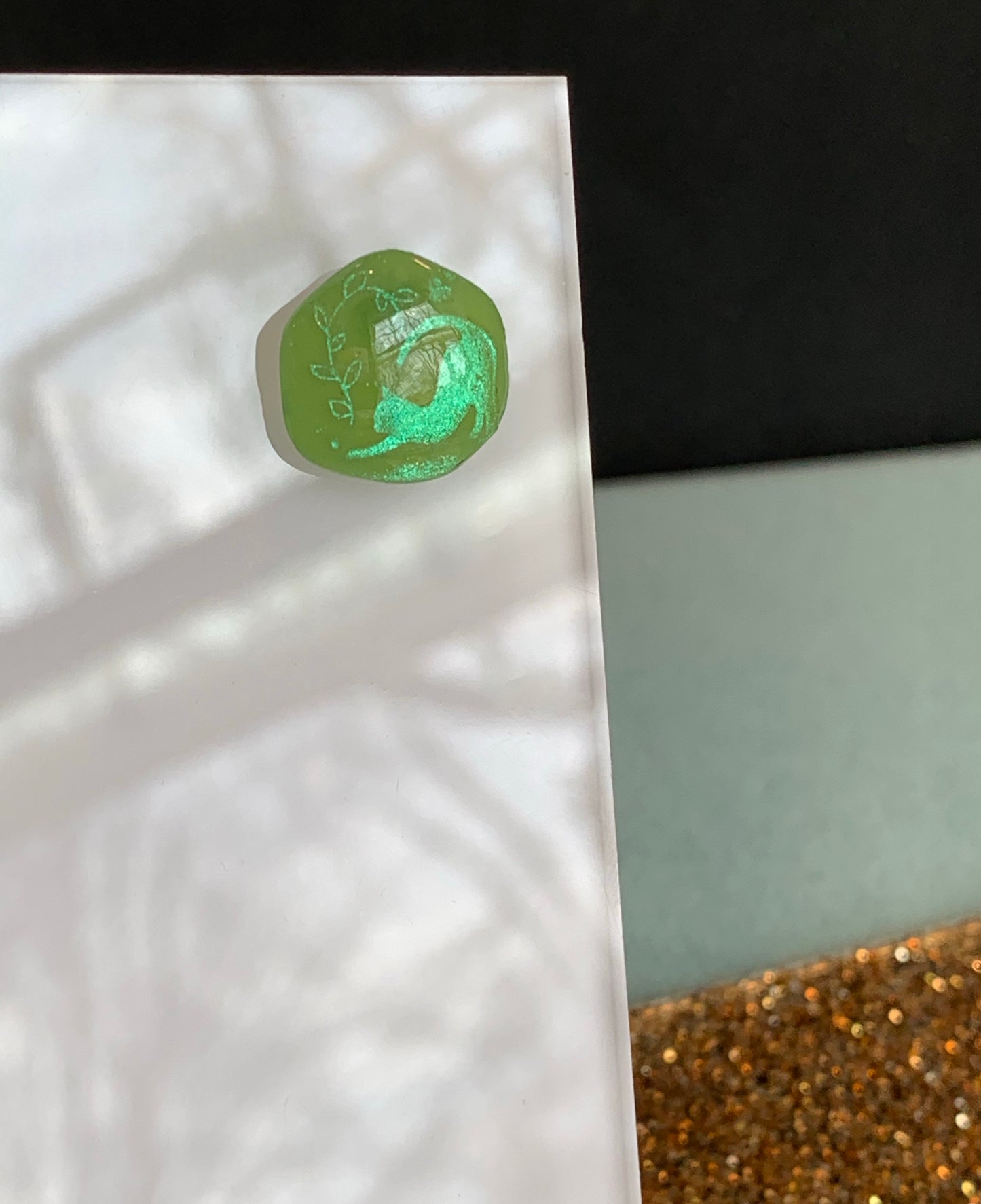 Cat - Green Button Studs with Holographic Cat Stretch Image