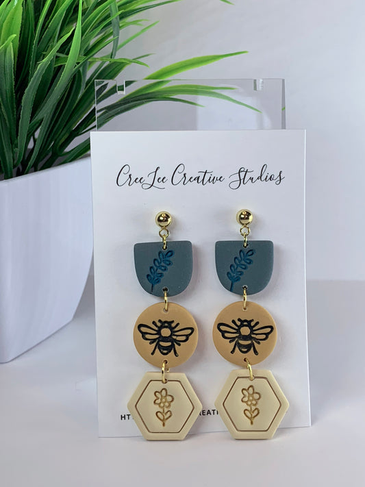 New - Bee Trio Earrings – Handmade Bee & Floral Polymer Clay Dangle Earrings