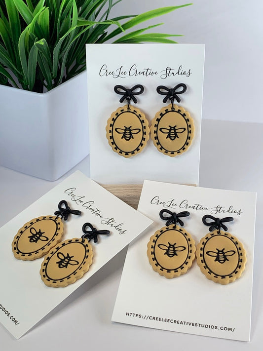 New - Stitched Honey Bee Earrings – Handmade Bumble Bee Oval Dangles