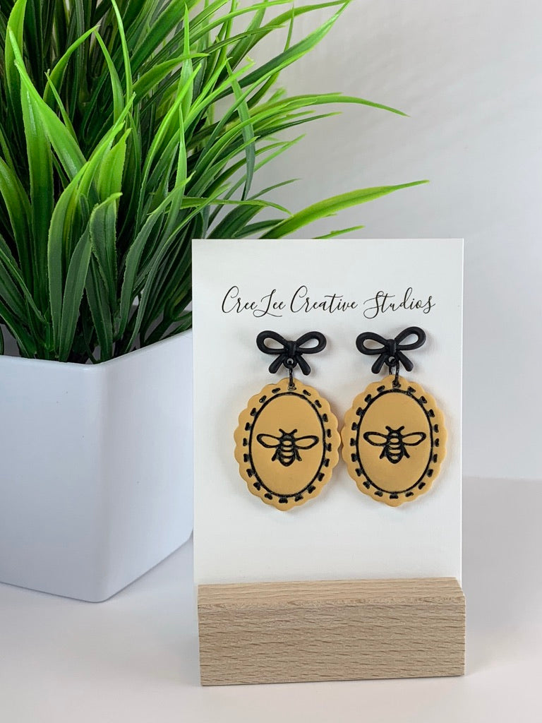 New - Stitched Honey Bee Earrings – Handmade Bumble Bee Oval Dangles
