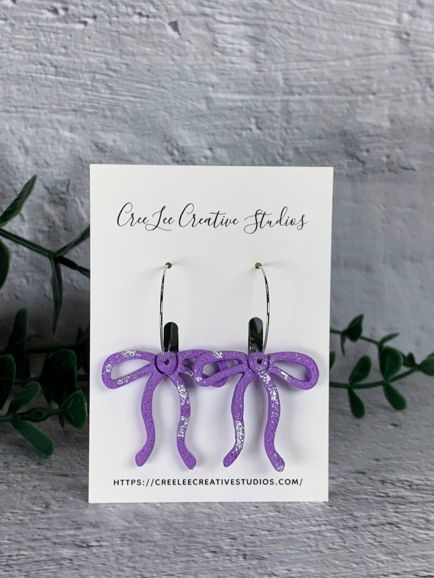 Lavender Bow Hoop Earrings – Textured Polymer Clay with Silver Foil