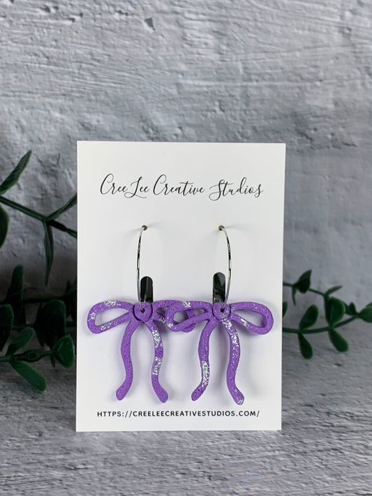 Lavender Bow Hoop Earrings – Textured Polymer Clay with Silver Foil