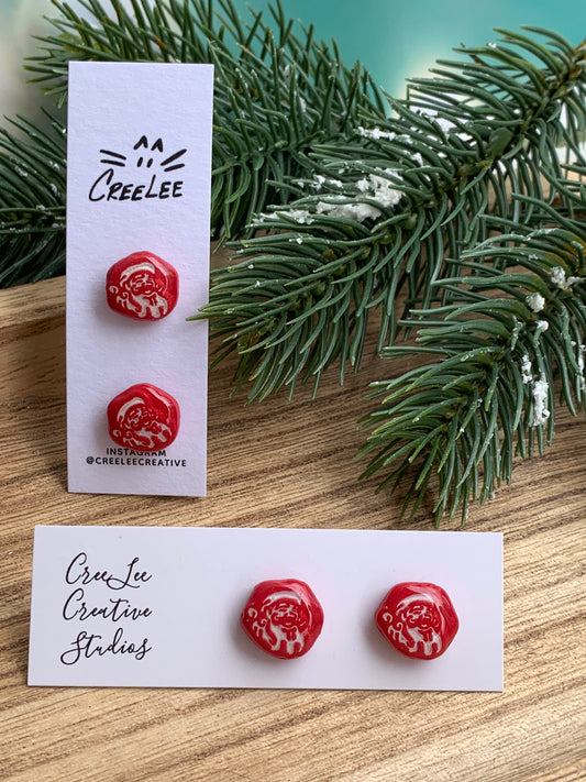 Winter Santa Button Stud Earrings — Red Christmas Studs