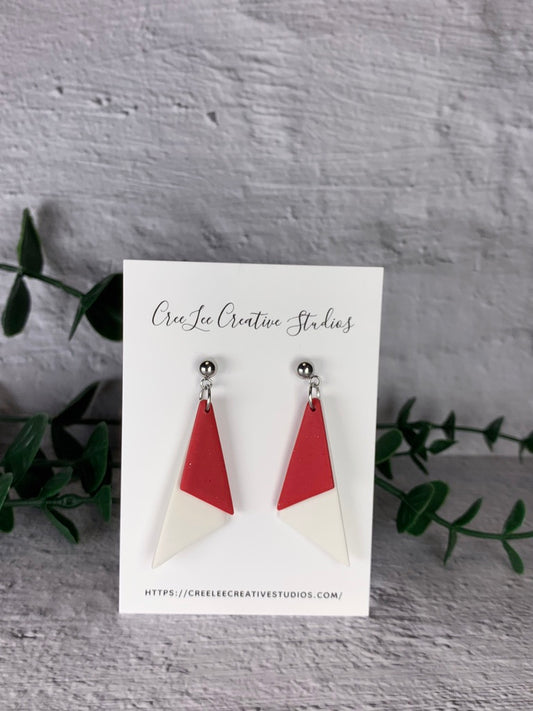Red White Folded Angle Polymer Clay Stud Earrings