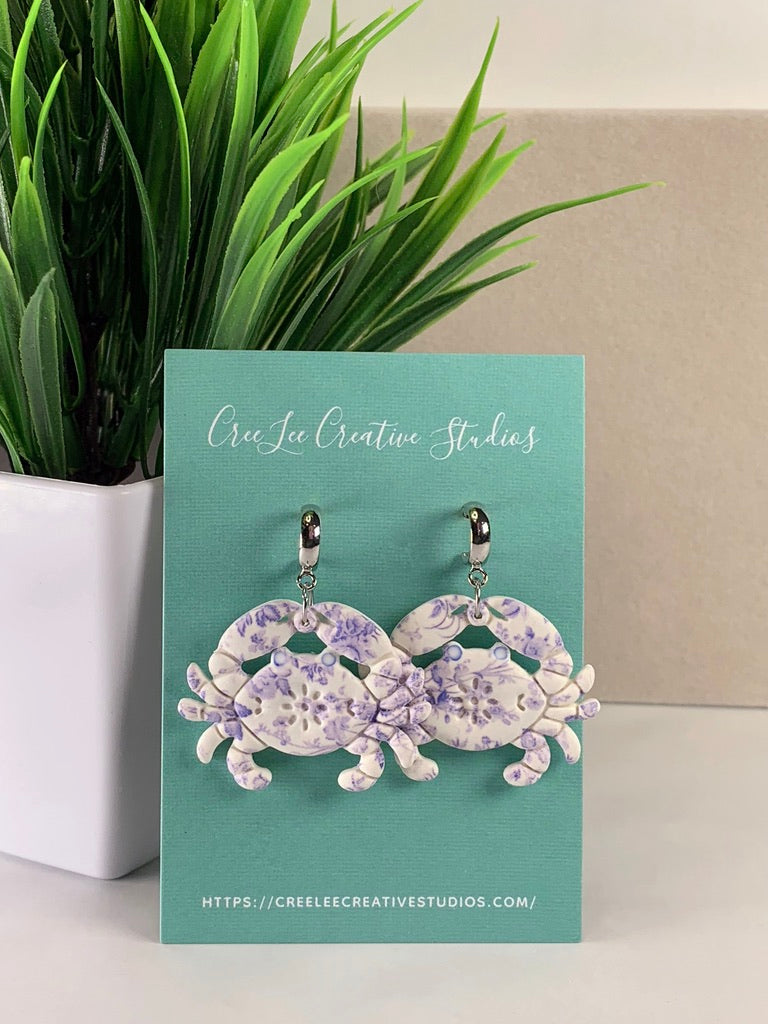 New - Blue Chintz Crab Earrings – Coastal Floral Crab Dangle Earrings