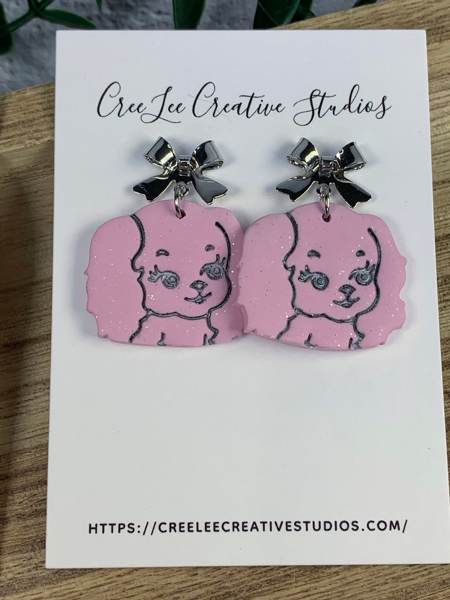 Dog - Pink Cocker Spaniel Earrings with Silver Bow — Cute Kawaii Dog