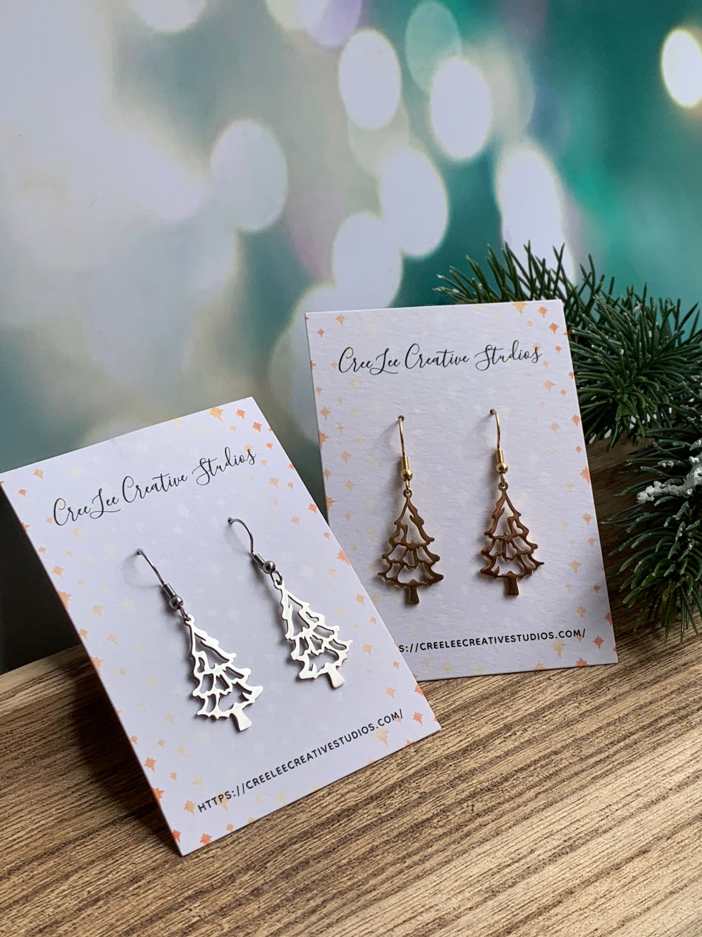 Winter - Gold Christmas Tree Earrings — 14K Gold-Plated Stainless Steel Cut-Out Dangle Earrings | Lightweight Holiday Jewelry