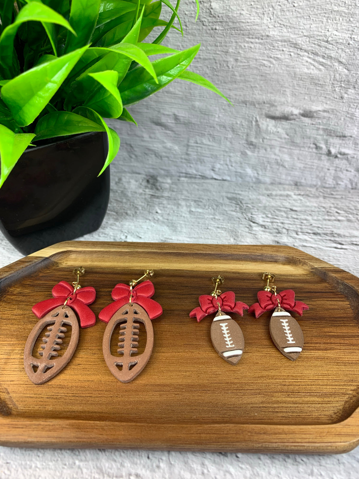 Touchdown, But Make It a Bow — Red Bow Football Polymer Clay Earrings