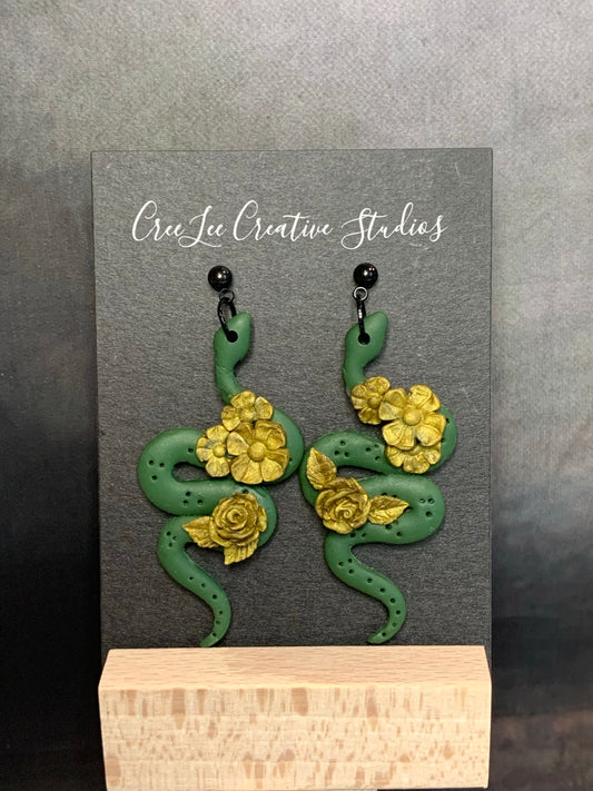 Green Snake - Golden Flowers Earrings