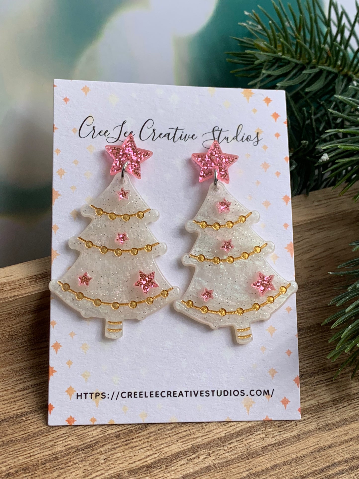 Winter - Retro Pink Star Christmas Tree Earrings — Vintage Ivory Acrylic Tree with Gold Tinsel & Pink Glitter Star Ornaments | 1950s Inspired Holiday Earrings