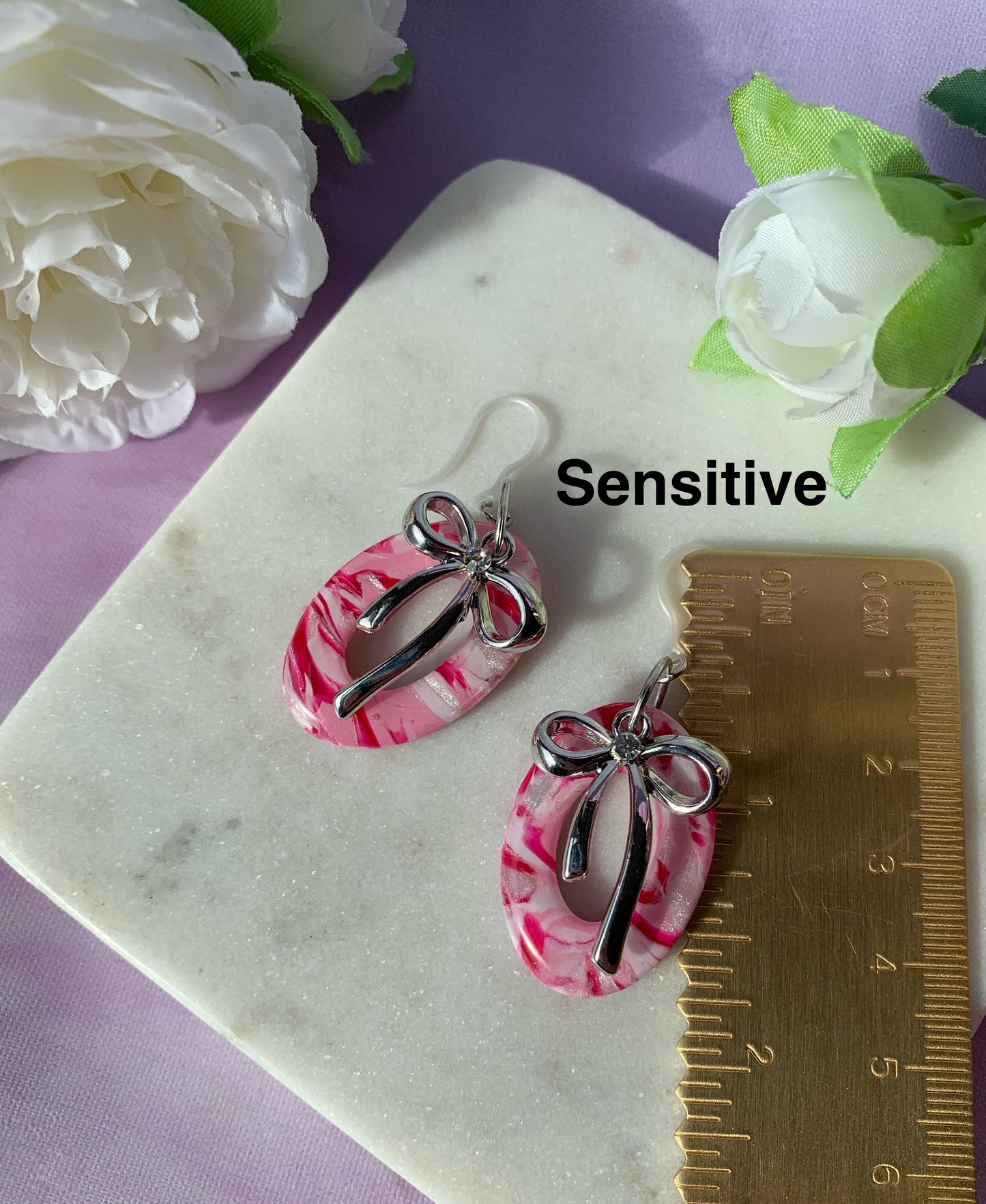 Marbled Earrings - Pink Marble with Gold or Silver Bow Dangles