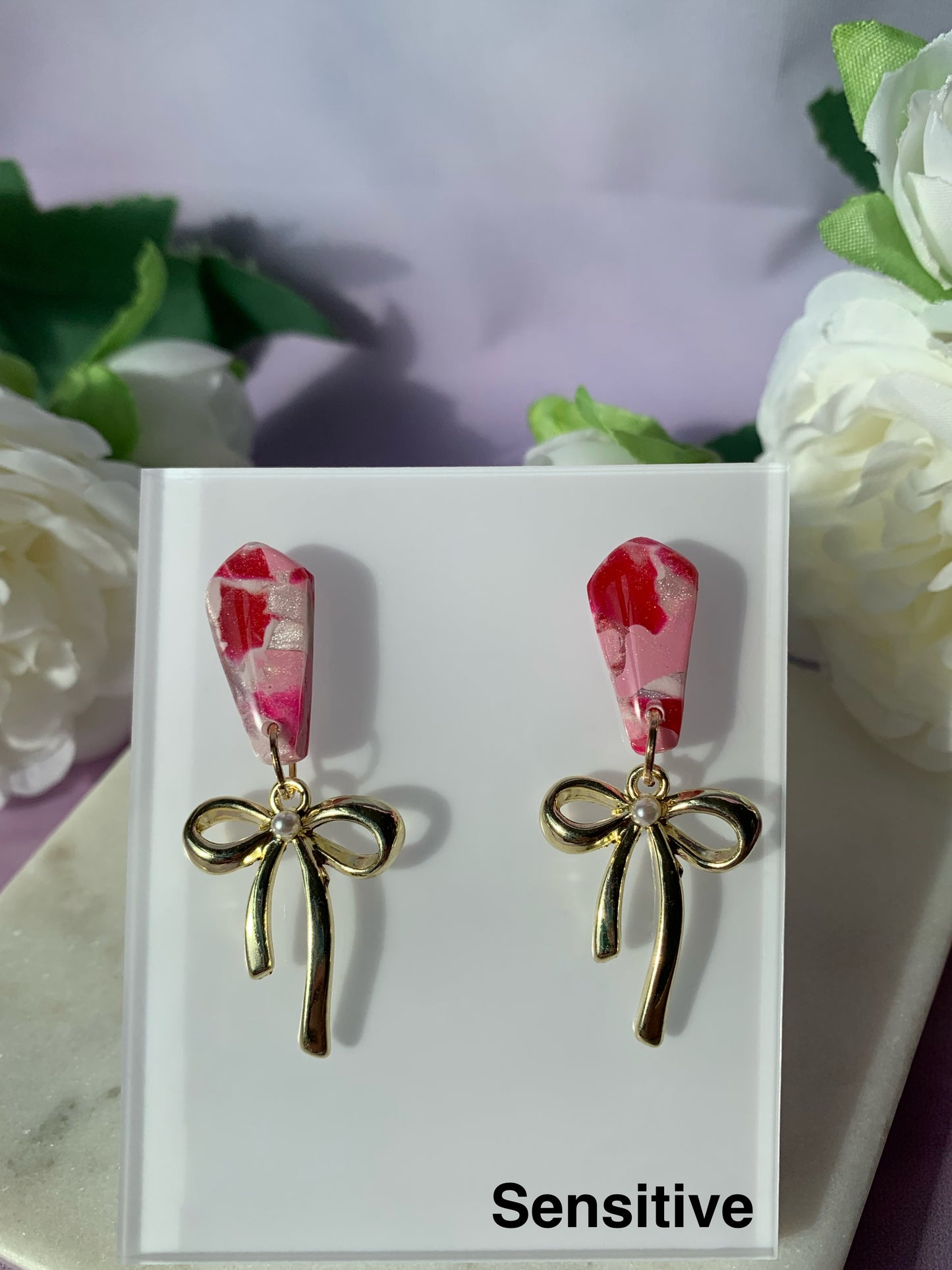 Marbled Earrings - Pink Marble Stud with Dangling Black, Gold or Silver Bows