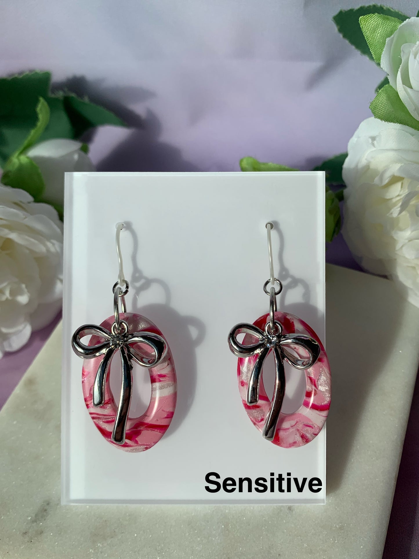 Marbled Earrings - Pink Marble with Gold or Silver Bow Dangles