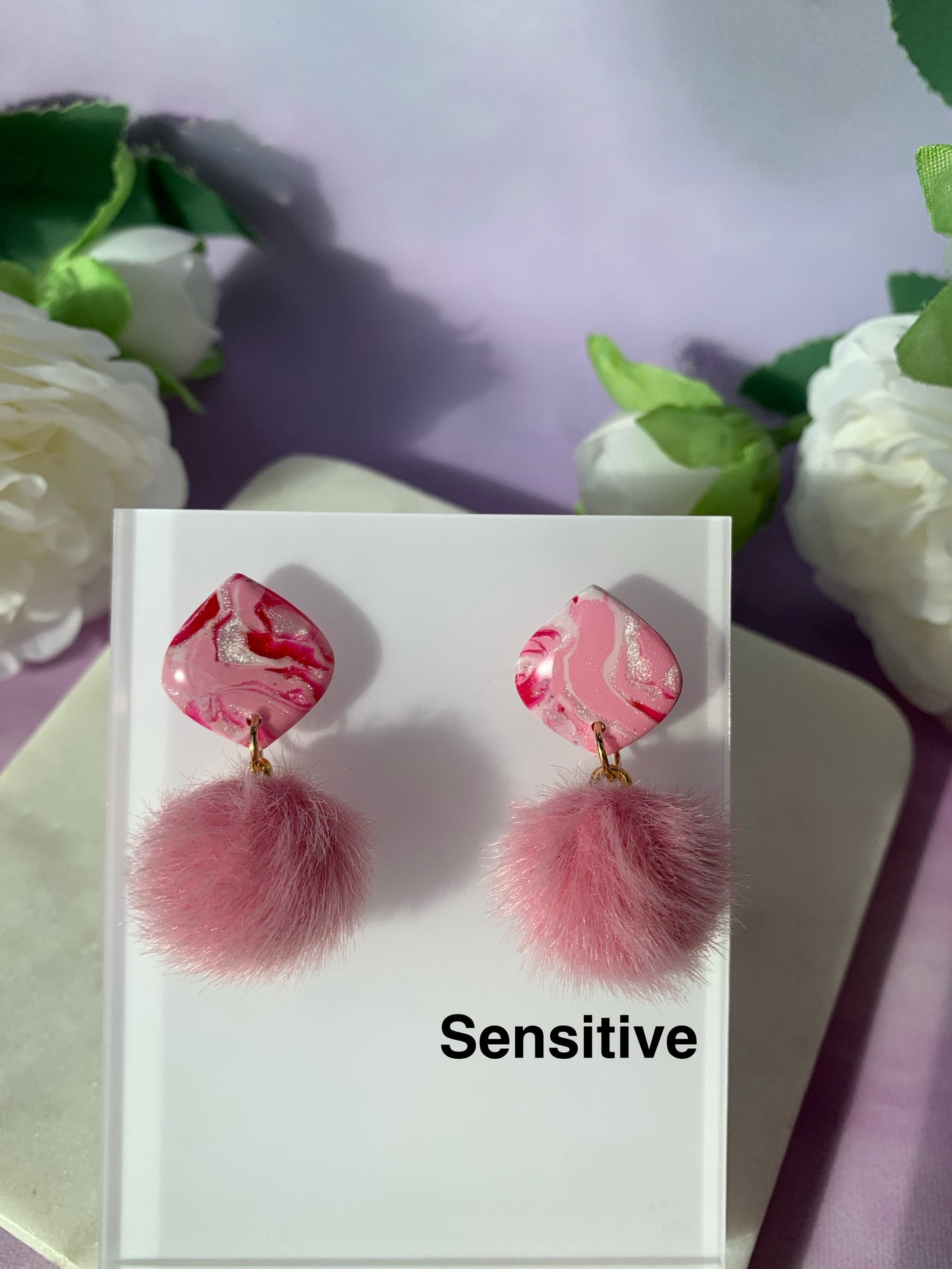 Marbled Earrings - Pink Marble Pom Poms Dangle Earrings