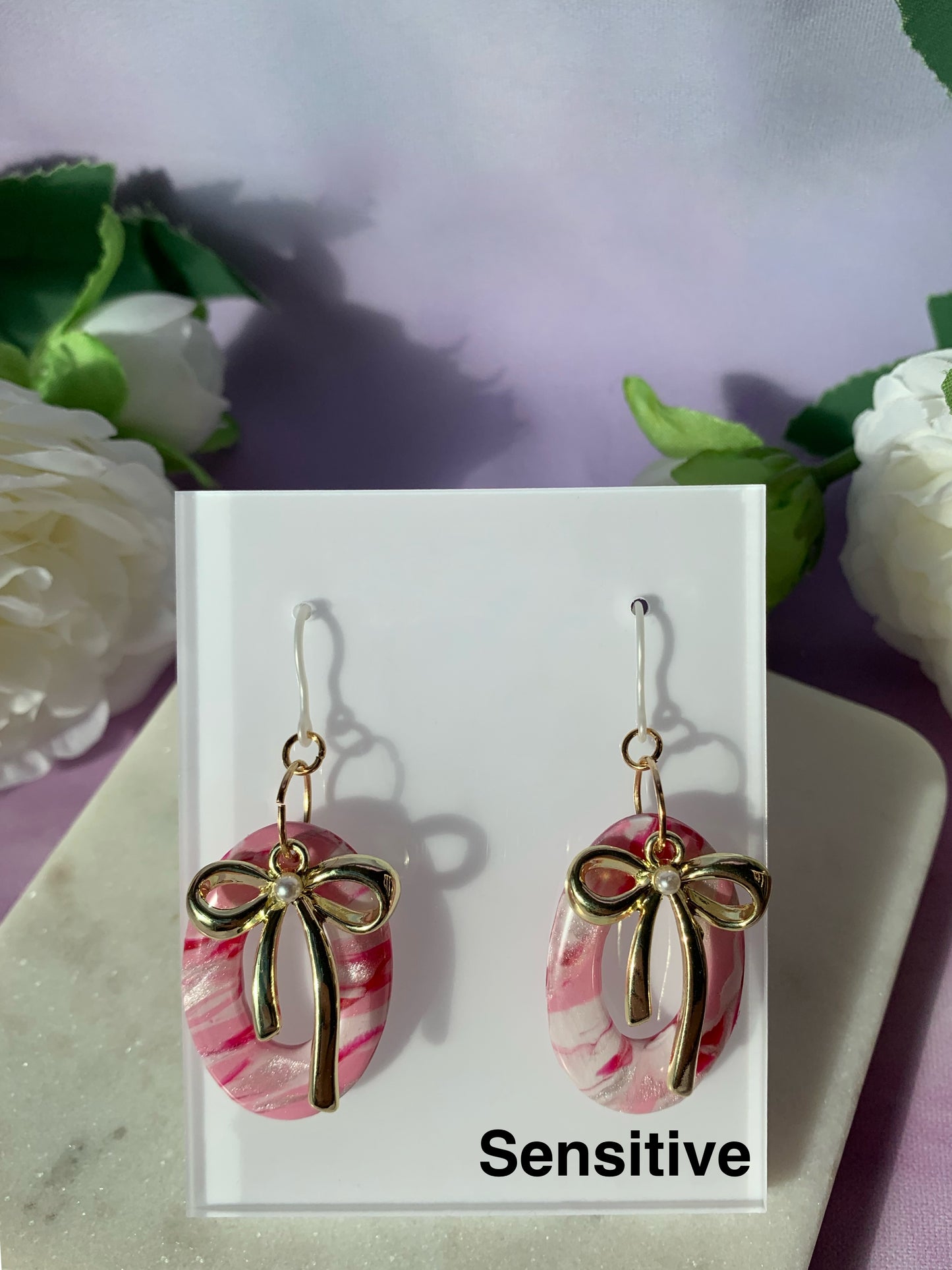 Marbled Earrings - Pink Marble with Gold or Silver Bow Dangles