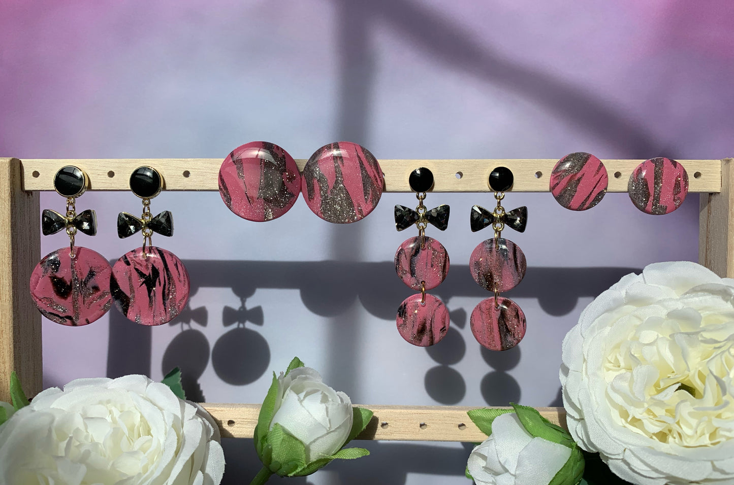 Marbled Earrings - Pink Marble & Black Crystal Bow Dangle, Pink, Black and Silver Champagne Marbled Clay