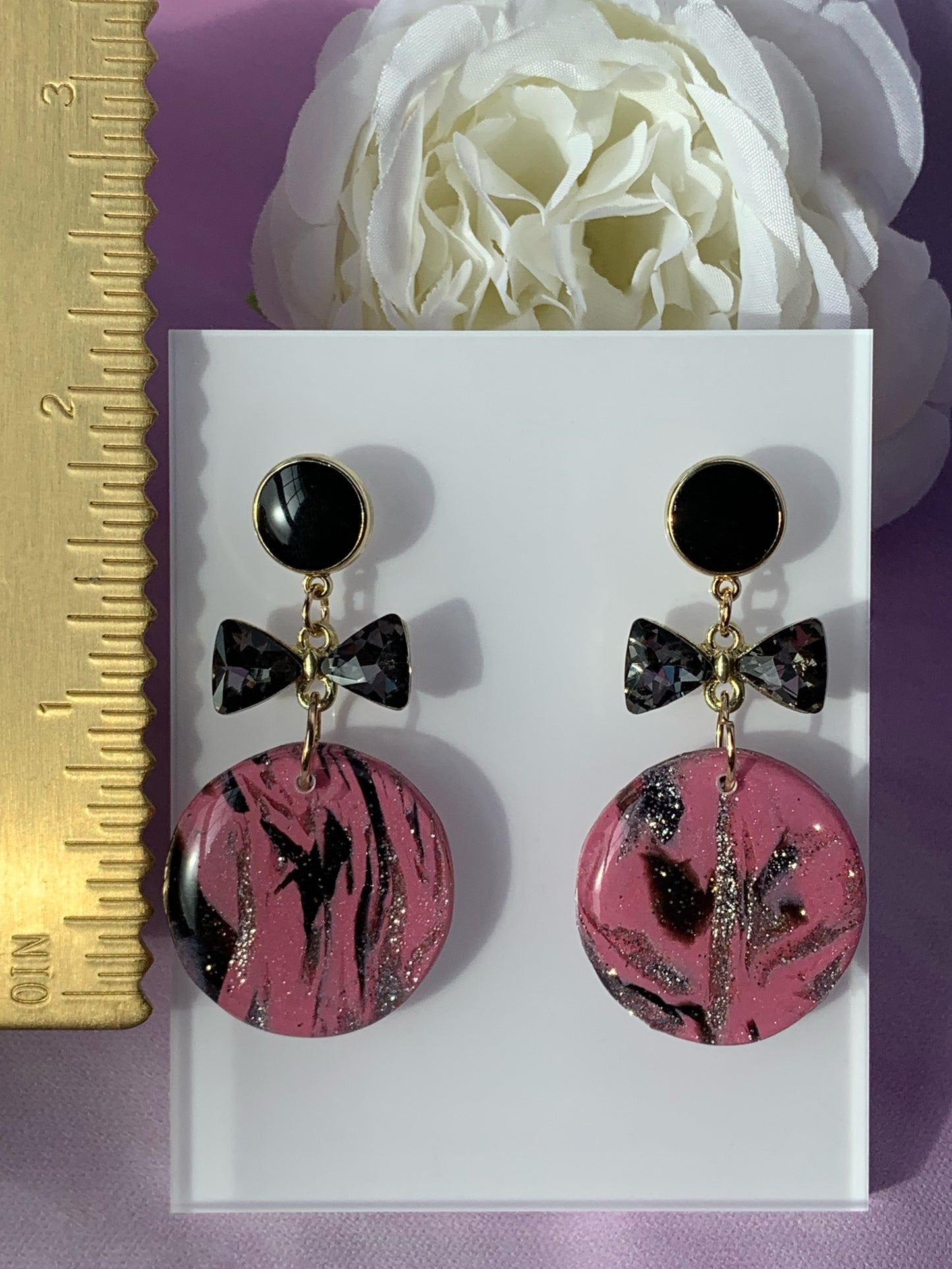 Marbled Earrings - Pink Marble & Black Crystal Bow Dangle, Pink, Black and Silver Champagne Marbled Clay