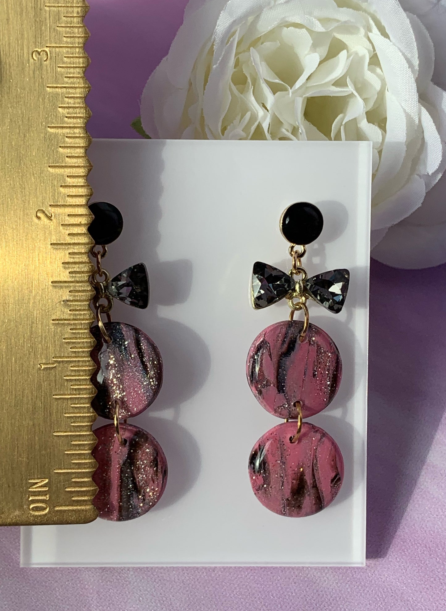 Marbled Earrings - Pink Marble & Black Crystal Bow Dangle, Pink, Black and Silver Champagne Marbled Clay