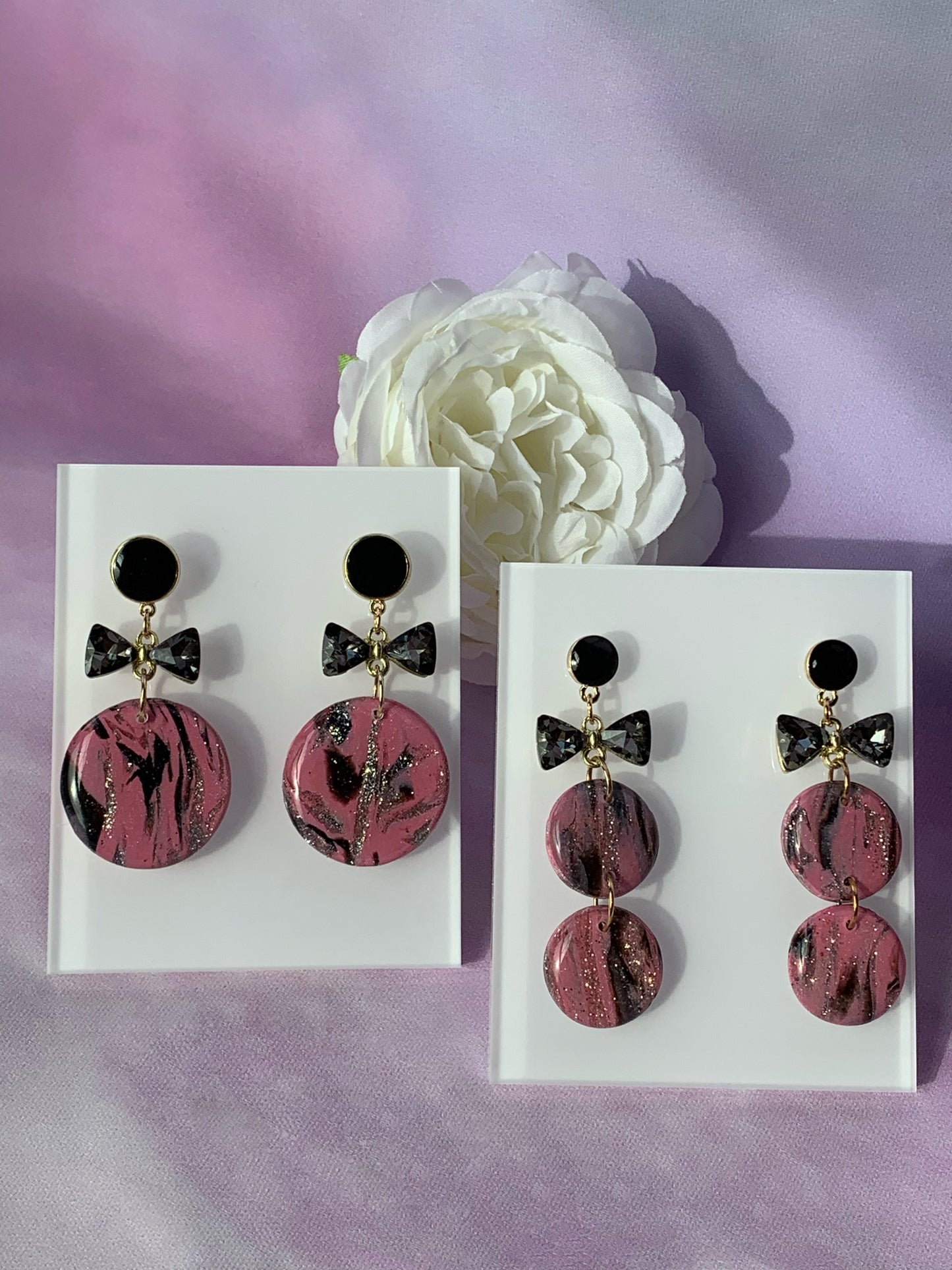 Marbled Earrings - Pink Marble & Black Crystal Bow Dangle, Pink, Black and Silver Champagne Marbled Clay