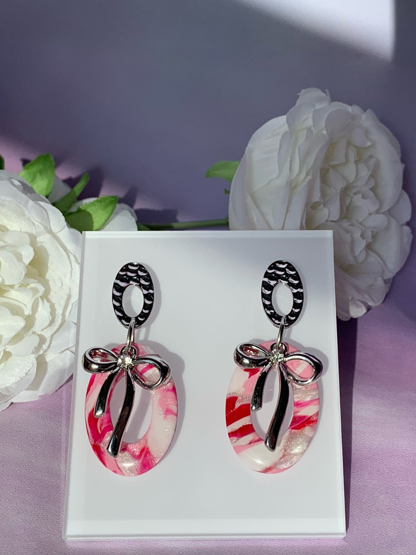 Marbled Earrings - Pink Marble with Gold or Silver Bow Dangles