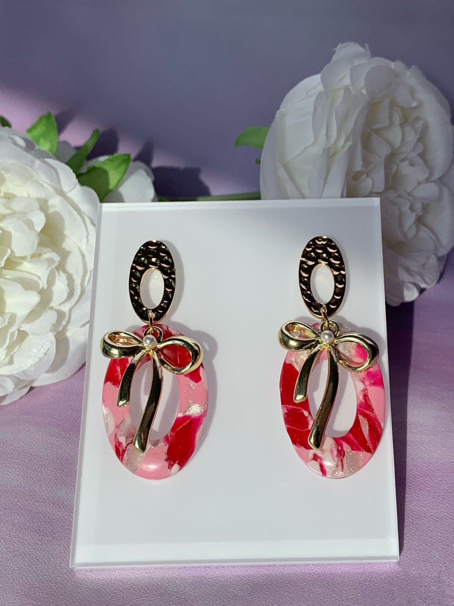 Marbled Earrings - Pink Marble with Gold or Silver Bow Dangles