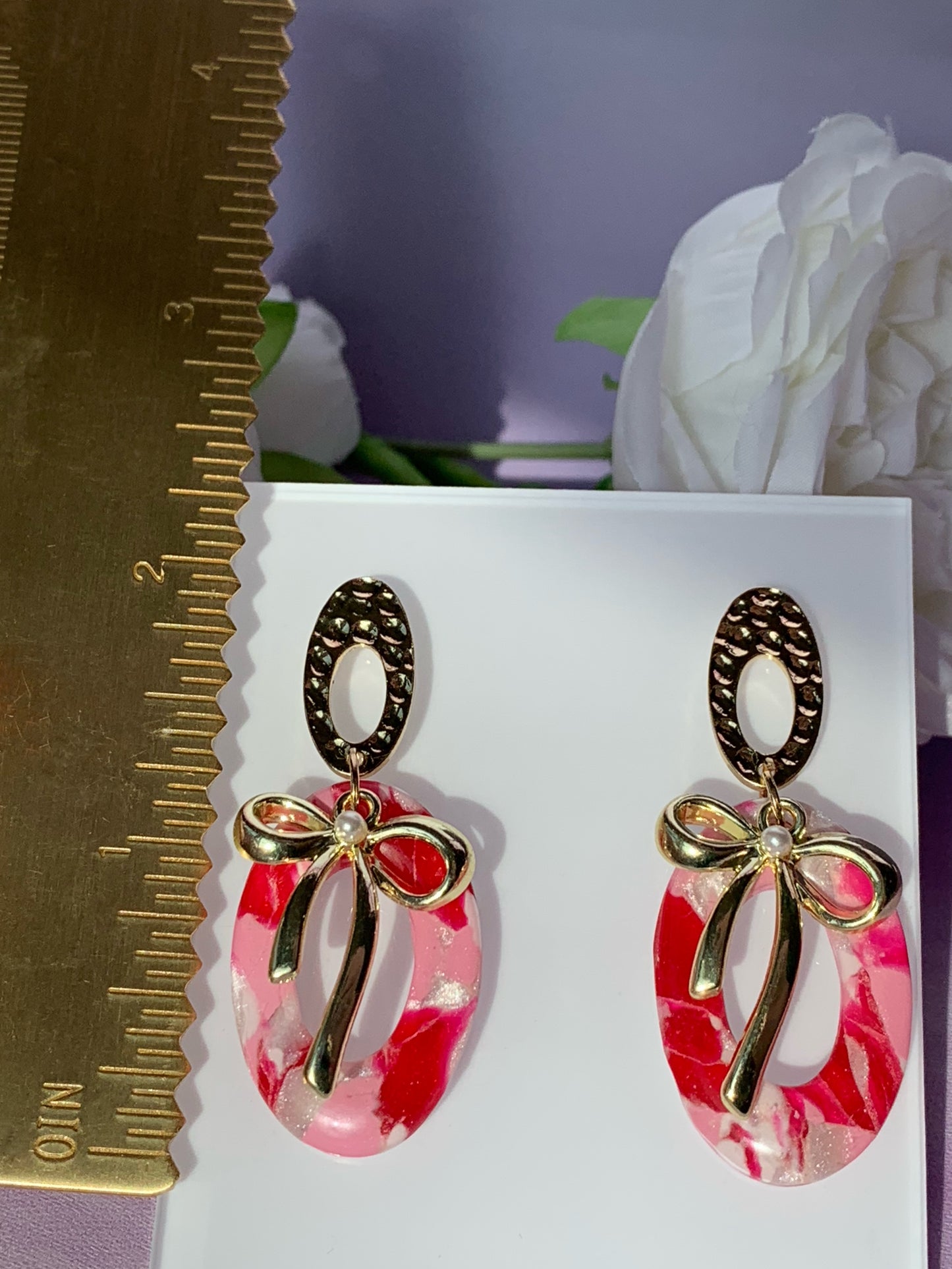 Marbled Earrings - Pink Marble with Gold or Silver Bow Dangles