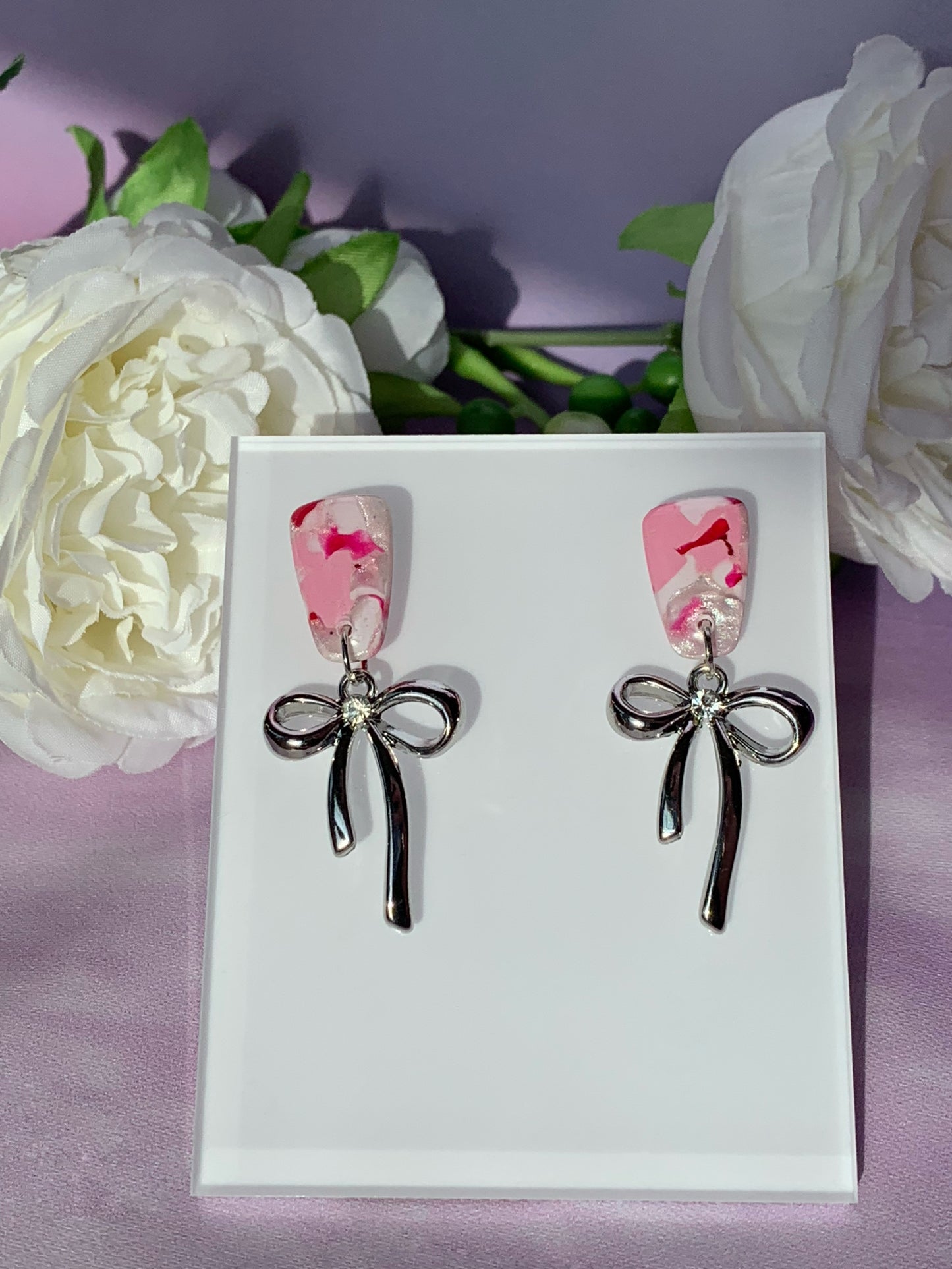 Marbled Earrings - Pink Marble Stud with Dangling Black, Gold or Silver Bows