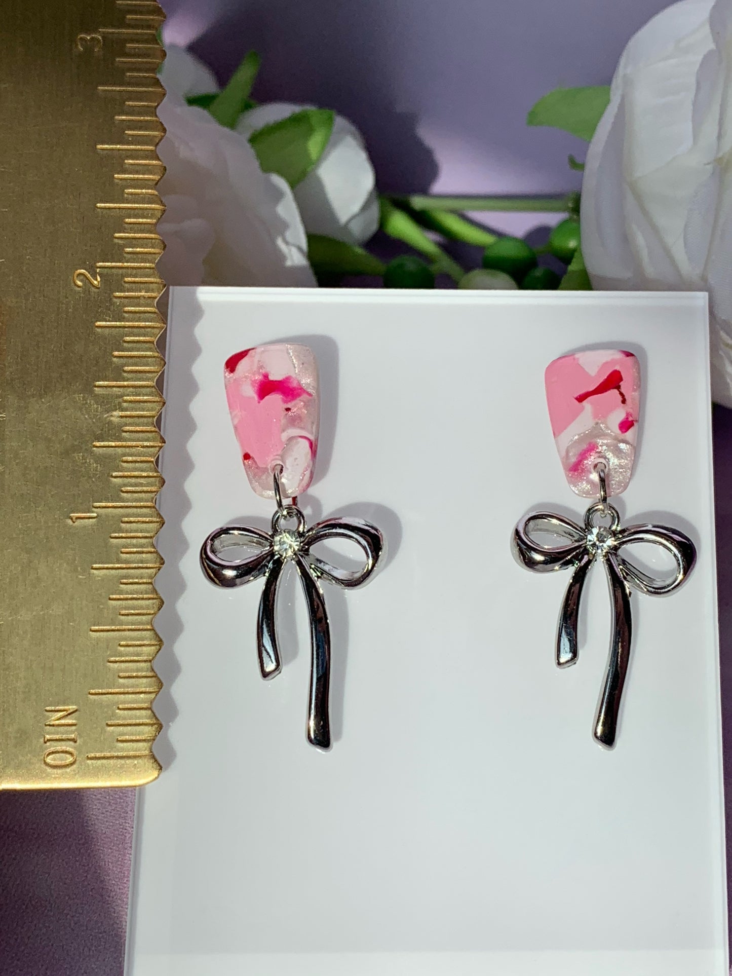 Marbled Earrings - Pink Marble Stud with Dangling Black, Gold or Silver Bows