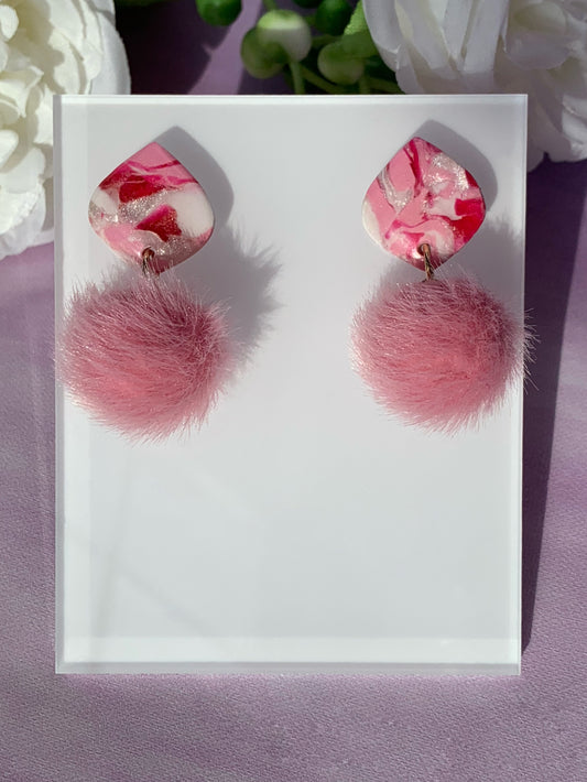 Marbled Earrings - Pink Marble Pom Poms Dangle Earrings