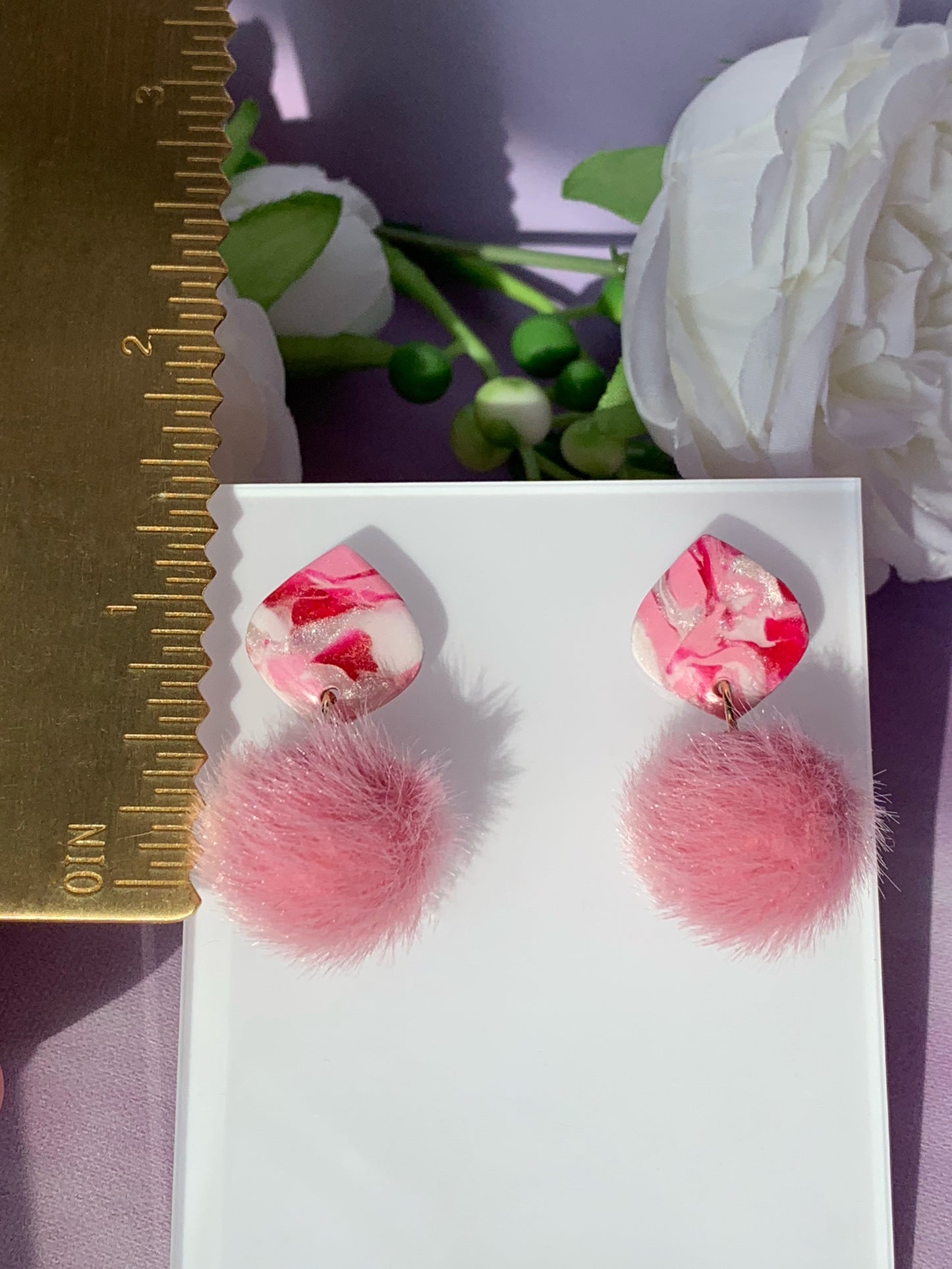 Marbled Earrings - Pink Marble Pom Poms Dangle Earrings