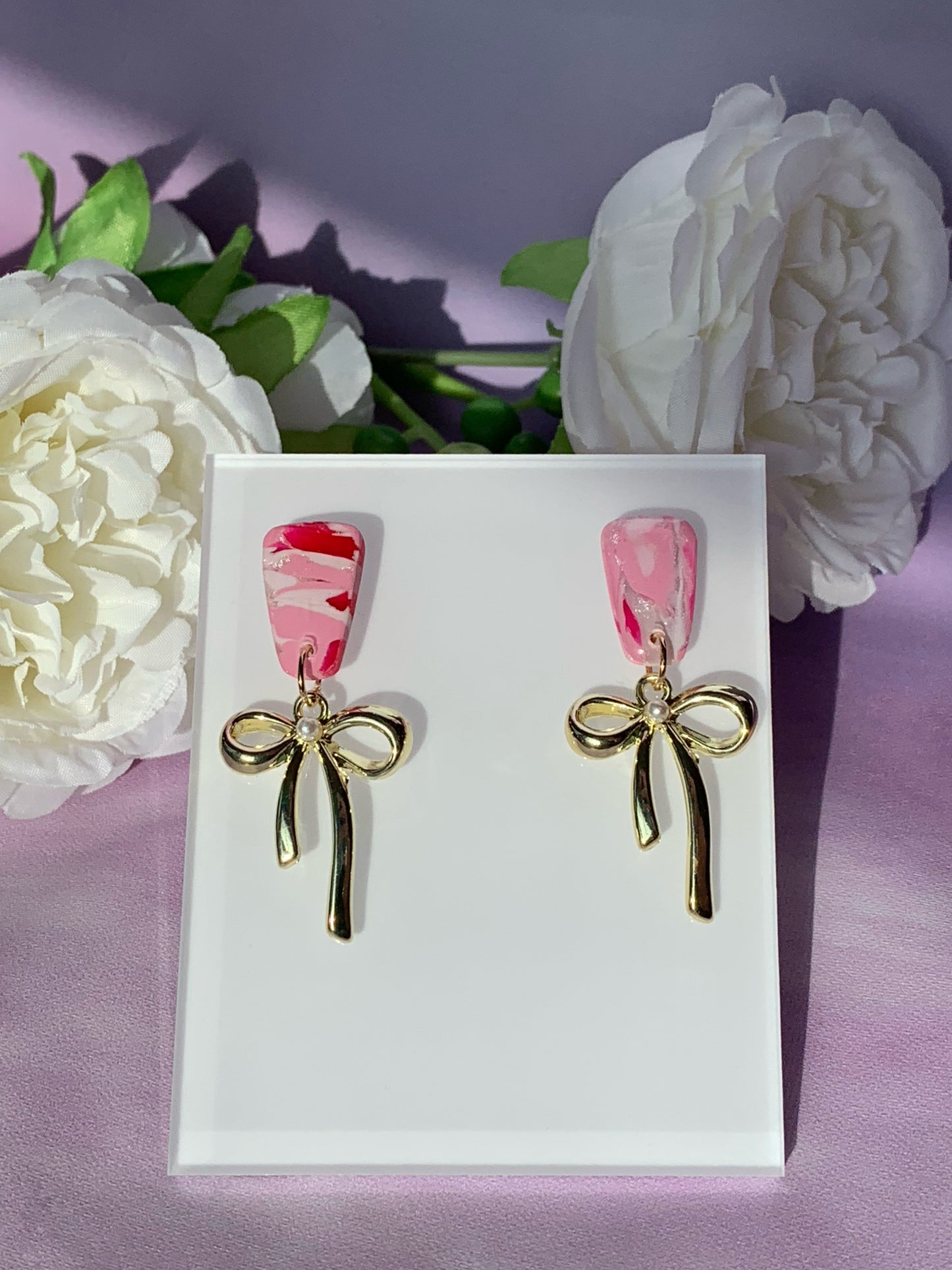 Marbled Earrings - Pink Marble Stud with Dangling Black, Gold or Silver Bows