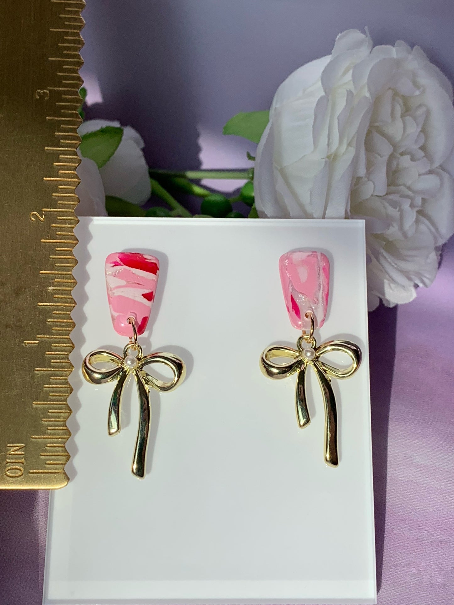 Marbled Earrings - Pink Marble Stud with Dangling Black, Gold or Silver Bows