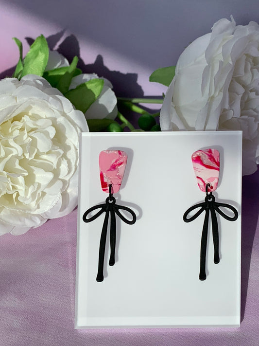 Marbled Earrings - Pink Marble Stud with Dangling Black, Gold or Silver Bows