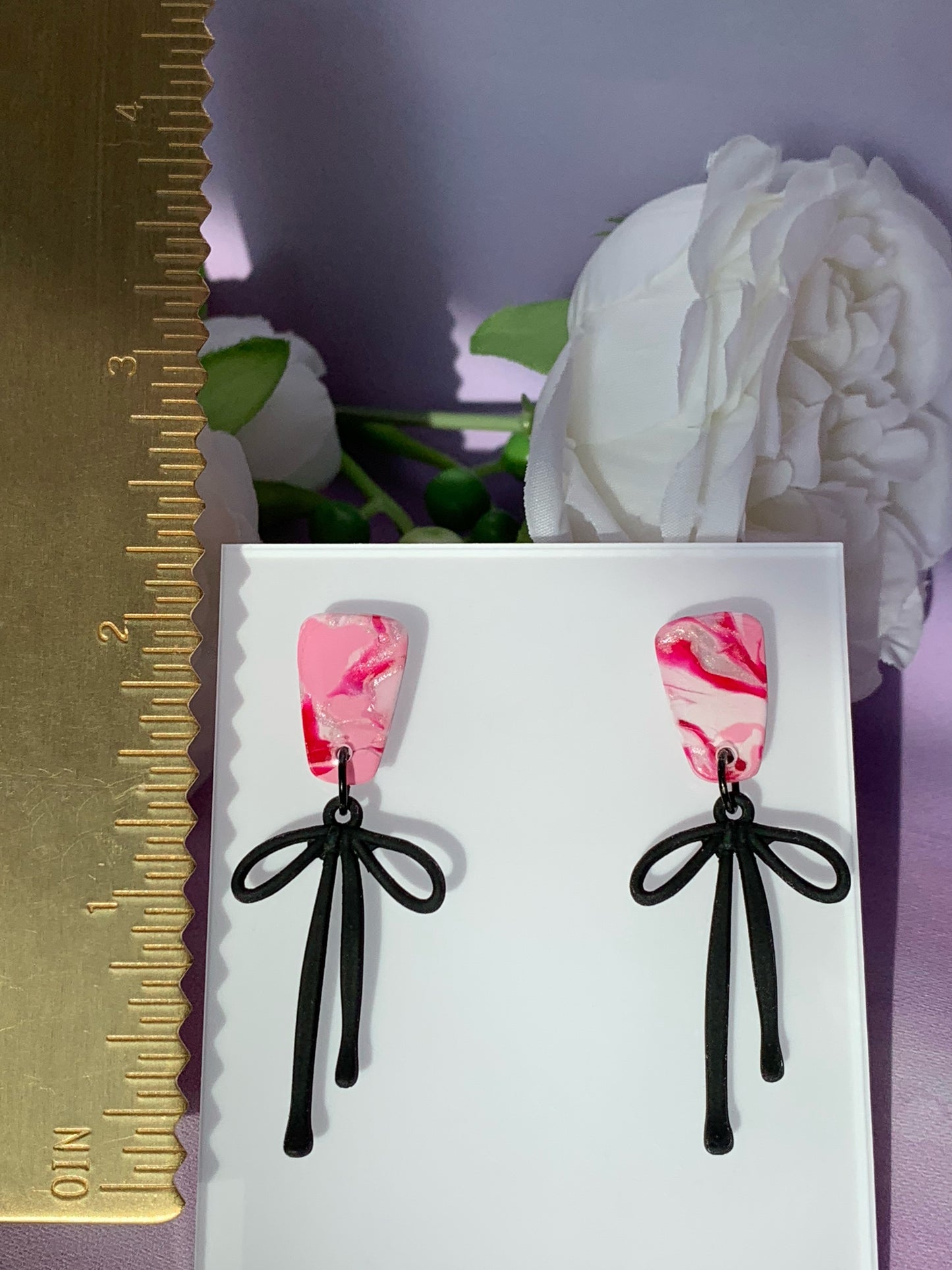 Marbled Earrings - Pink Marble Stud with Dangling Black, Gold or Silver Bows