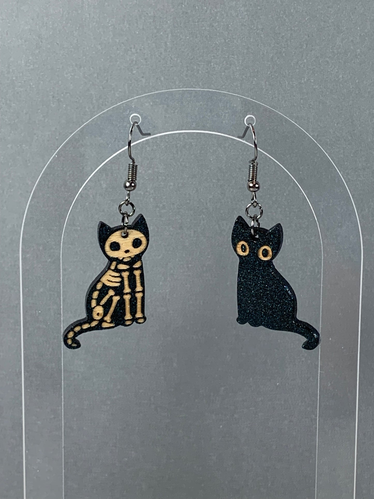 Cat Earrings - Skeleton Cat, Black Cat Dangle Earrings - Skelley & Her Shadow