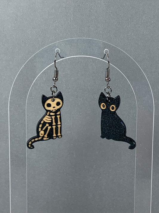 Cat Earrings - Skeleton Cat, Black Cat Dangle Earrings - Skelley & Her Shadow