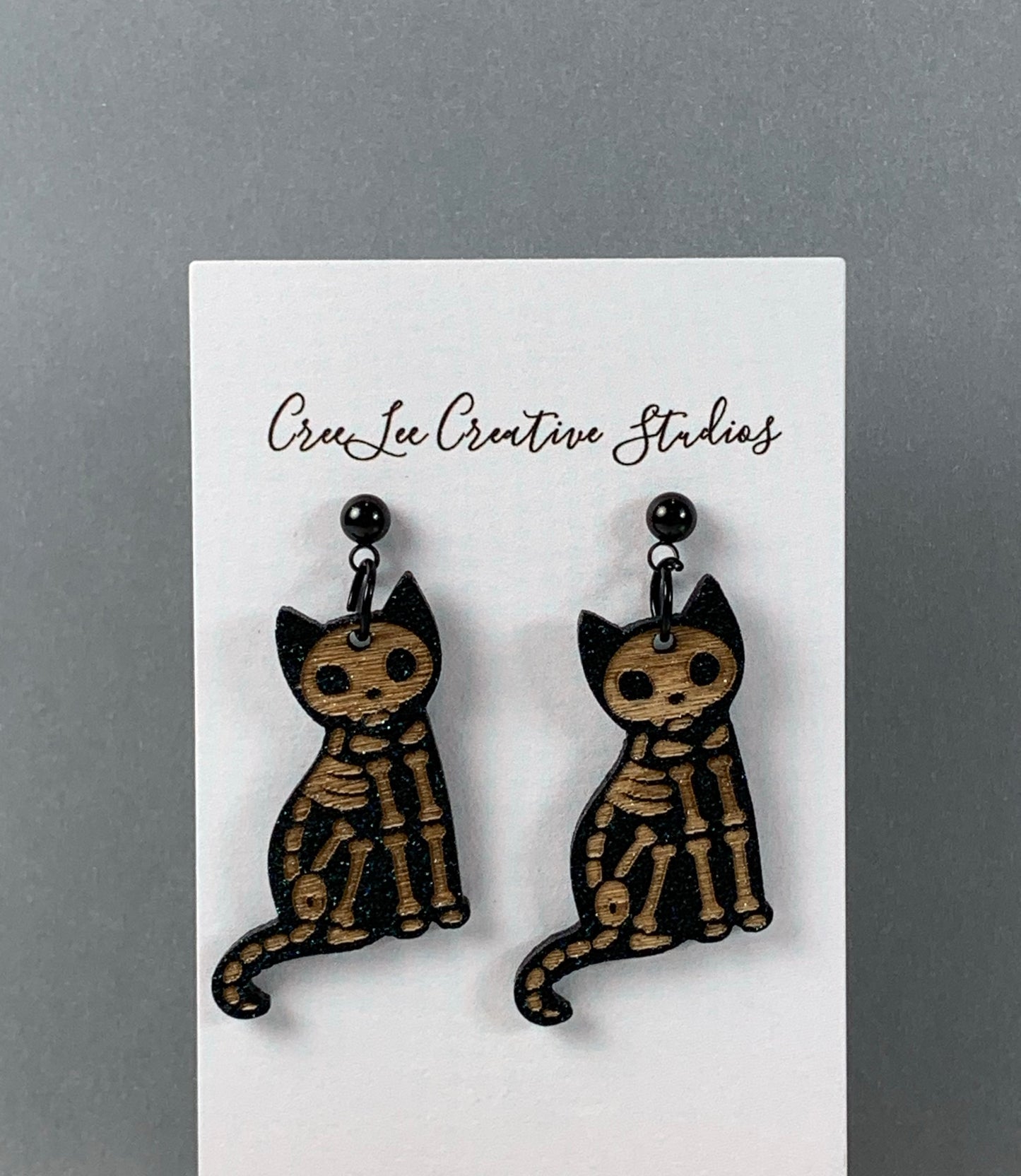 Cat Earrings - Skeleton Cat, Black Cat Dangle Earrings - Skelley & Her Shadow