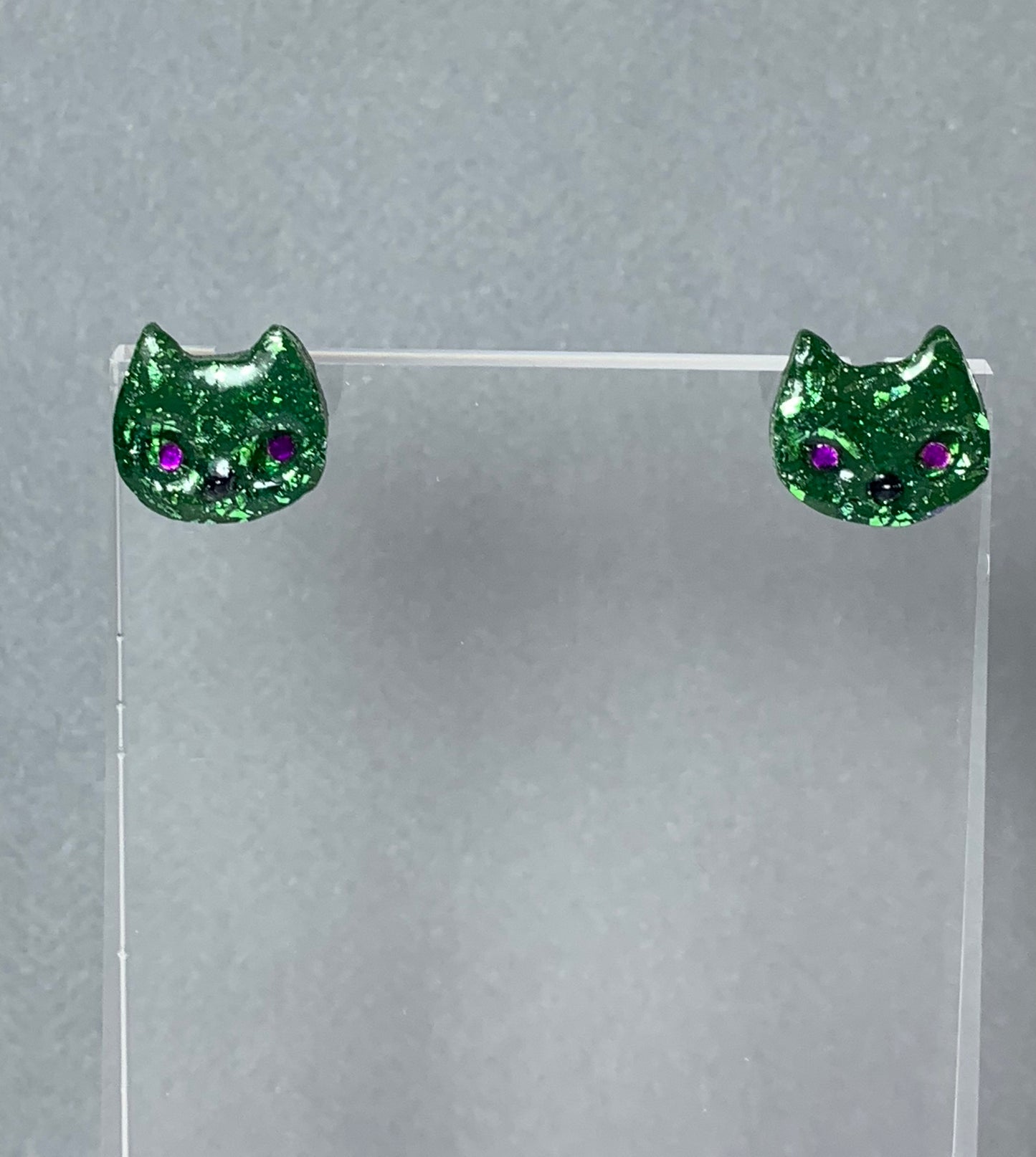 Cat Earrings - Frankenstein Green Cat Studs with Purple Eyes