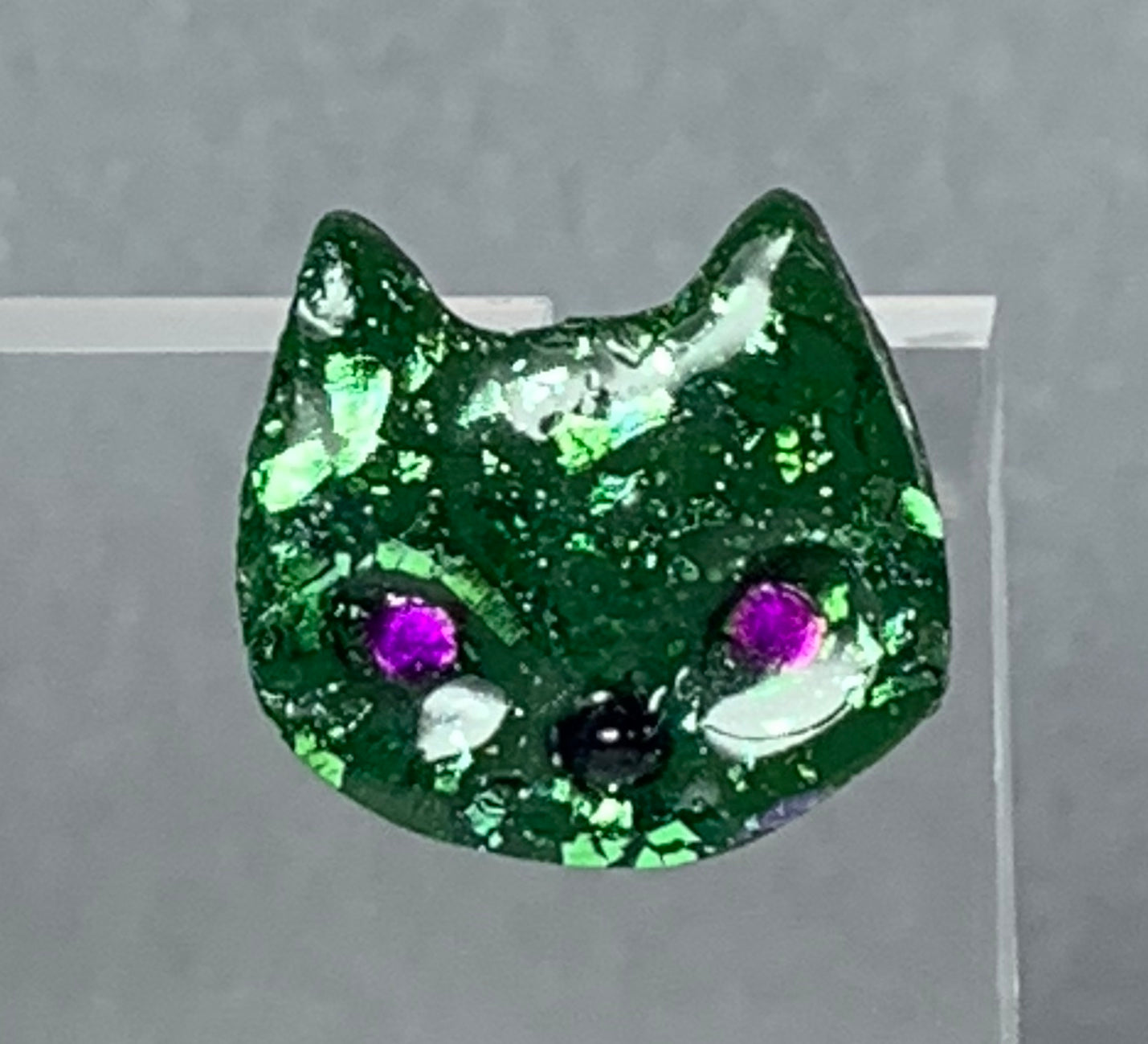 Cat Earrings - Frankenstein Green Cat Studs with Purple Eyes