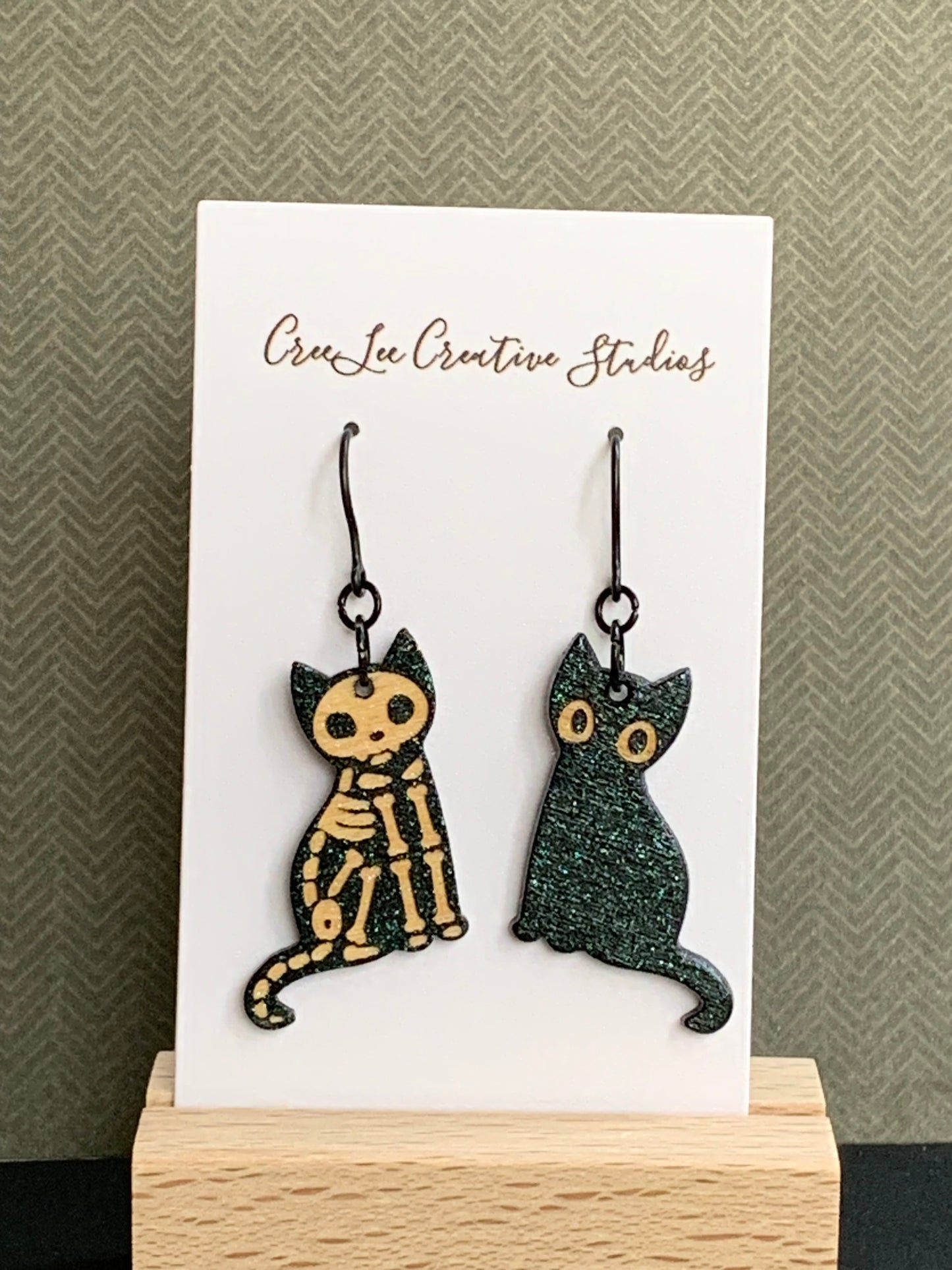 Cat Earrings - Skeleton Cat, Black Cat Dangle Earrings - Skelley & Her Shadow