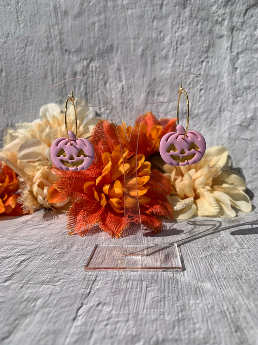 Pink jack-o-lantern on gold hoops